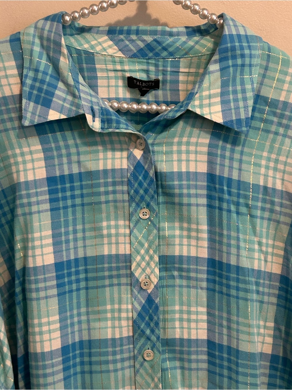Talbots 3X Plaid Shirt Plus Size Cotton Button Front Aqua Turquoise Gold Shimmer